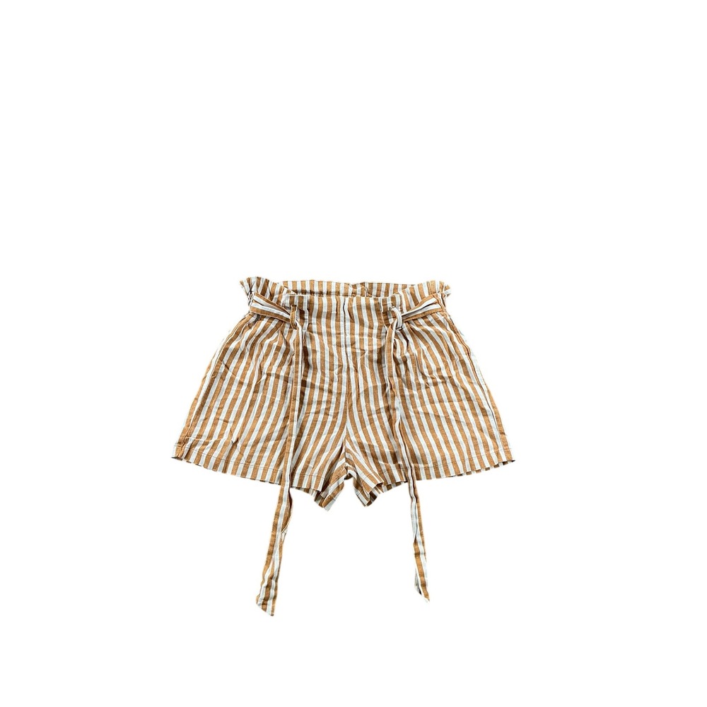 Stradivarius Tan White Striped Paperbag Waist Tie Shorts XS